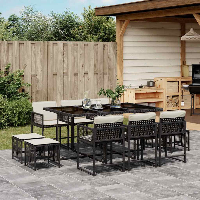 Set mobilier de exterior cu perne, 11 piese, negru, poliratan WALTI