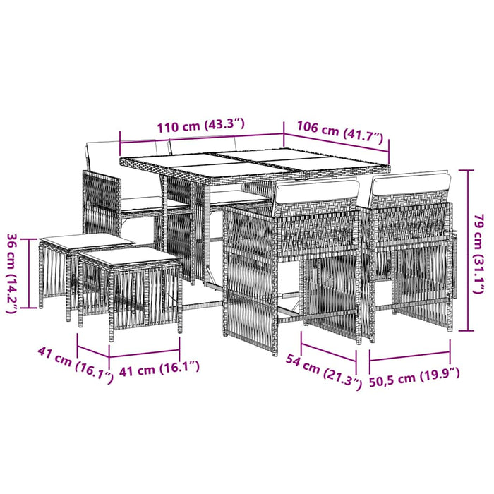 Set mobilier grădină cu perne, 9 piese, gri, poliratan WALTI