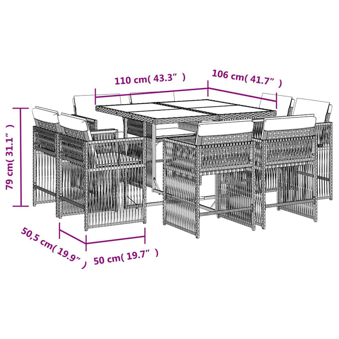 Set de masă pentru grădină, 9 piese, cu perne, bej, poliratan WALTI