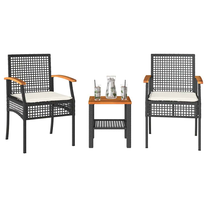Set bistro cu perne, 3 piese, negru, poliratan și lemn acacia - WALTI WALTI