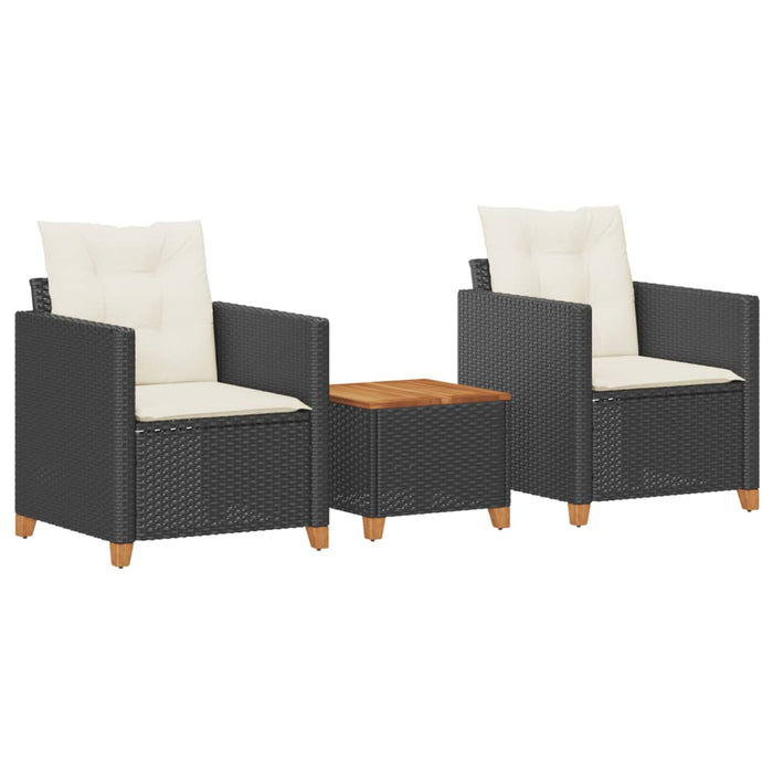 Set bistro cu perne, 3 piese, negru, poliratan și lemn acacia - WALTI WALTI