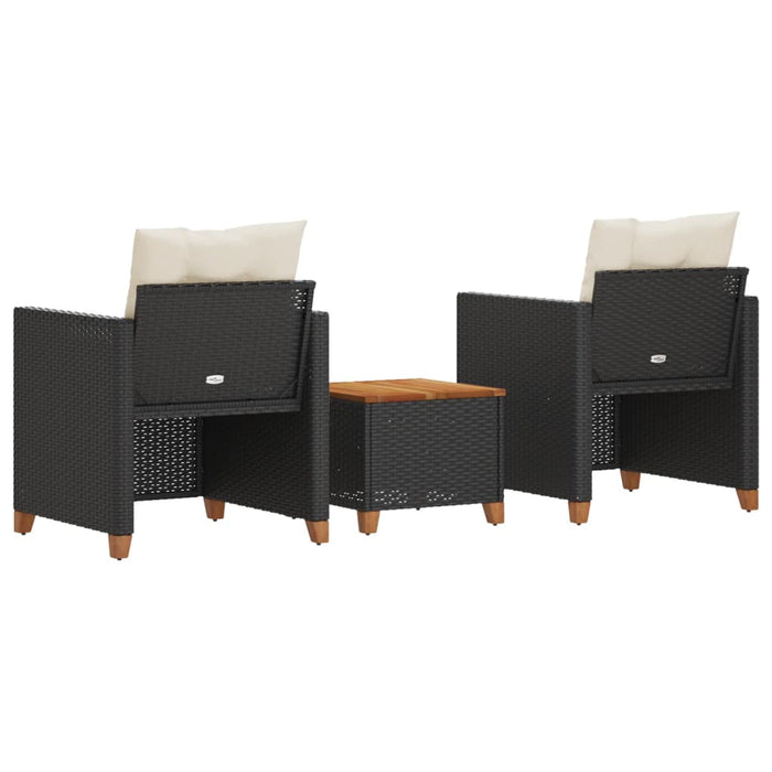 Set bistro cu perne, 3 piese, negru, poliratan și lemn acacia - WALTI WALTI