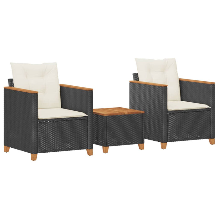 Set bistro cu perne, 3 piese, negru, poliratan și lemn acacia - WALTI WALTI