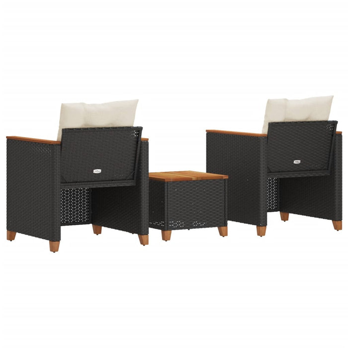 Set bistro cu perne, 3 piese, negru, poliratan și lemn acacia - WALTI WALTI