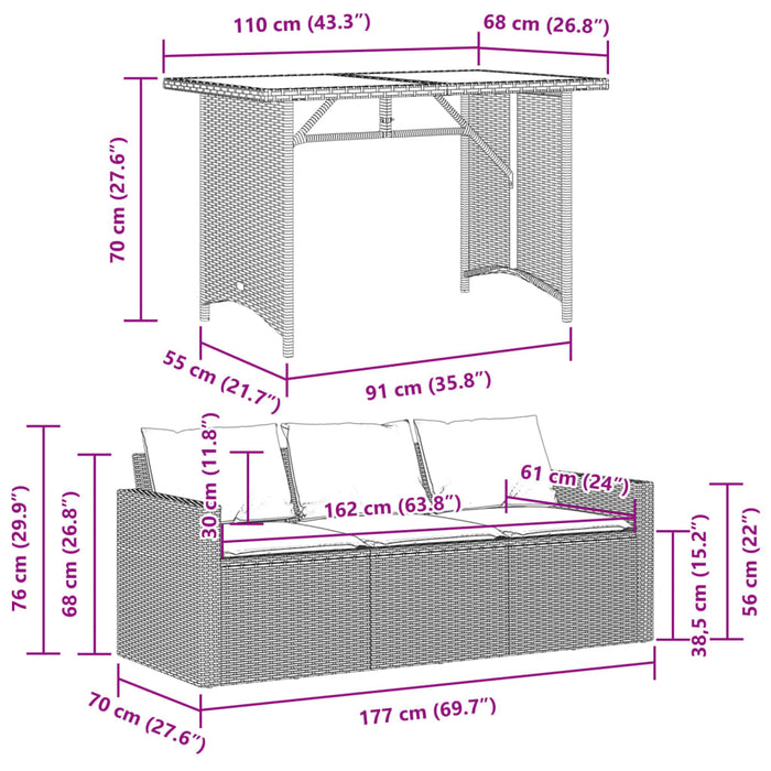 Set mobilier de grădină cu perne, 2 piese, negru, poliratan WALTI