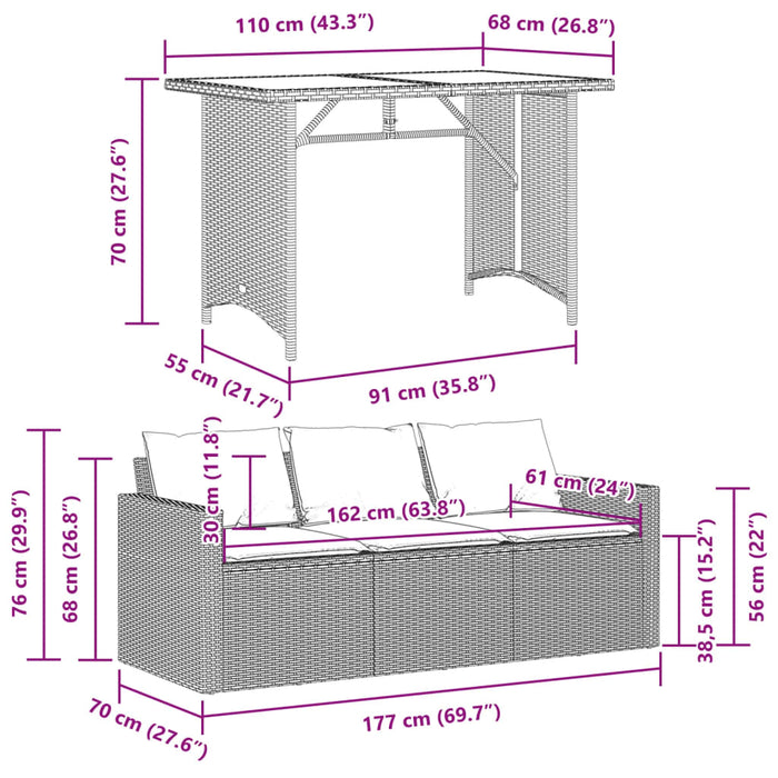 Set mobilier de grădină cu perne, 2 piese, negru, poliratan WALTI