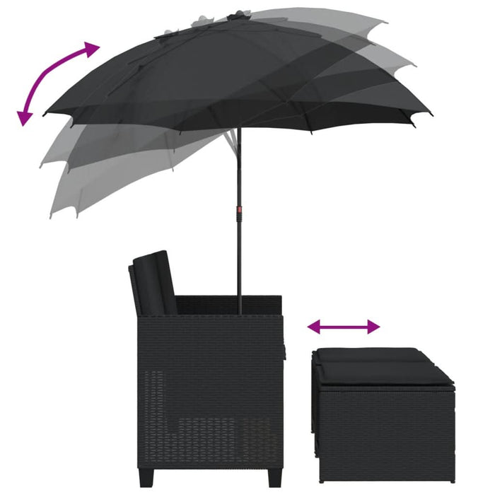 Canapea de grădină cu 2 locuri/umbrelă/taburete negru poliratan - WALTI WALTI