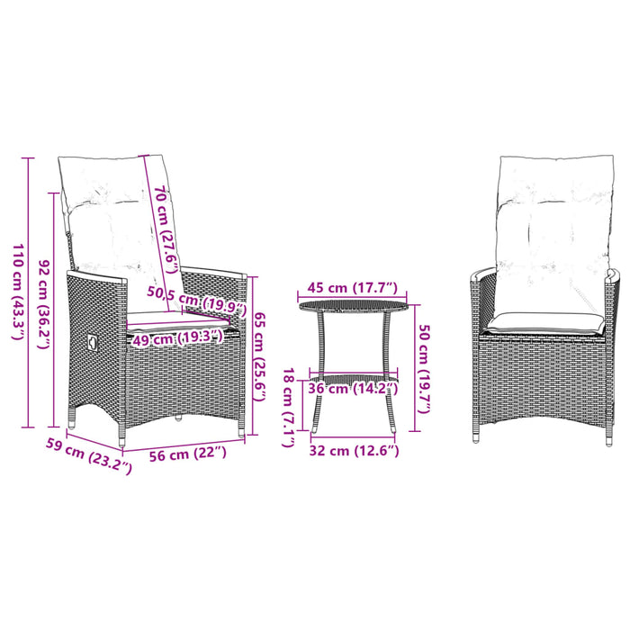 Set bistro cu perne, 3 piese, negru, poliratan - WALTI WALTI