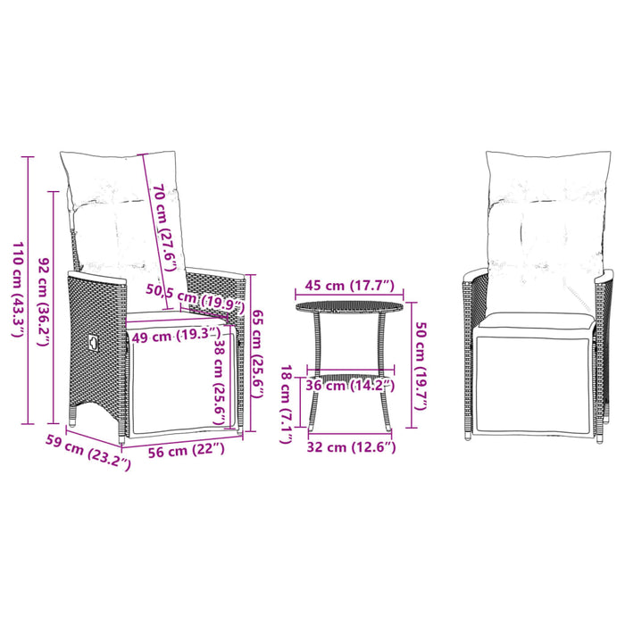 Set bistro cu perne, 3 piese, negru, poliratan - WALTI WALTI