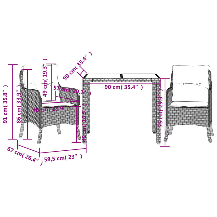 Set mobilier de grădină cu perne, 3 piese, negru, poliratan WALTI