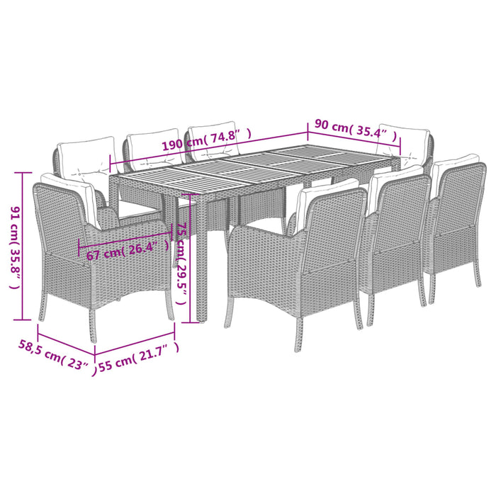 Set mobilier grădină cu perne, 9 piese, gri, poliratan WALTI
