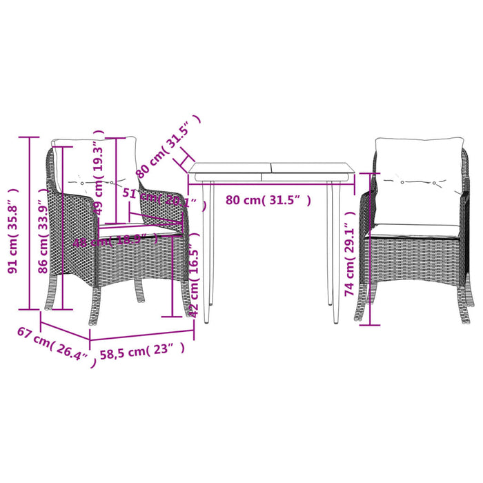 Set mobilier de grădină cu perne, 3 piese, negru, poliratan WALTI