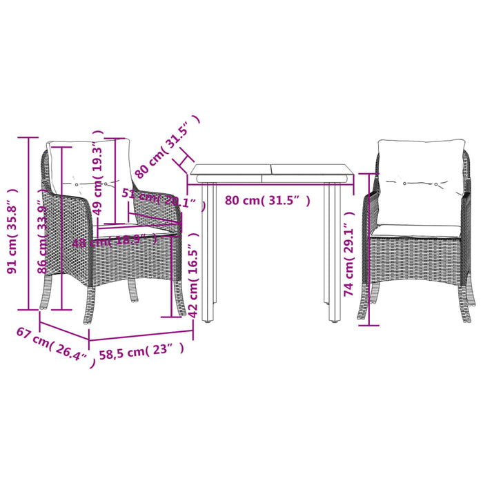 Set mobilier de grădină cu perne, 3 piese, negru, poliratan - WALTI WALTI