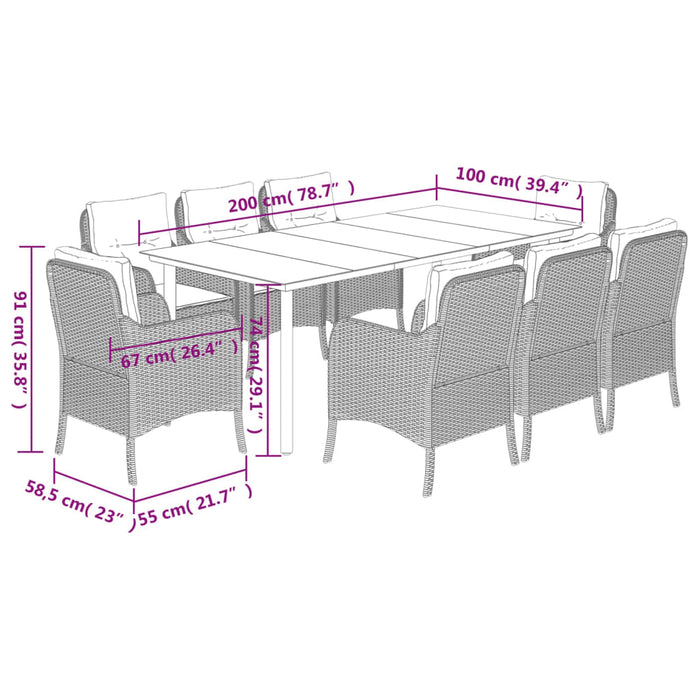Set mobilier grădină cu perne, 9 piese, gri deschis, poliratan WALTI