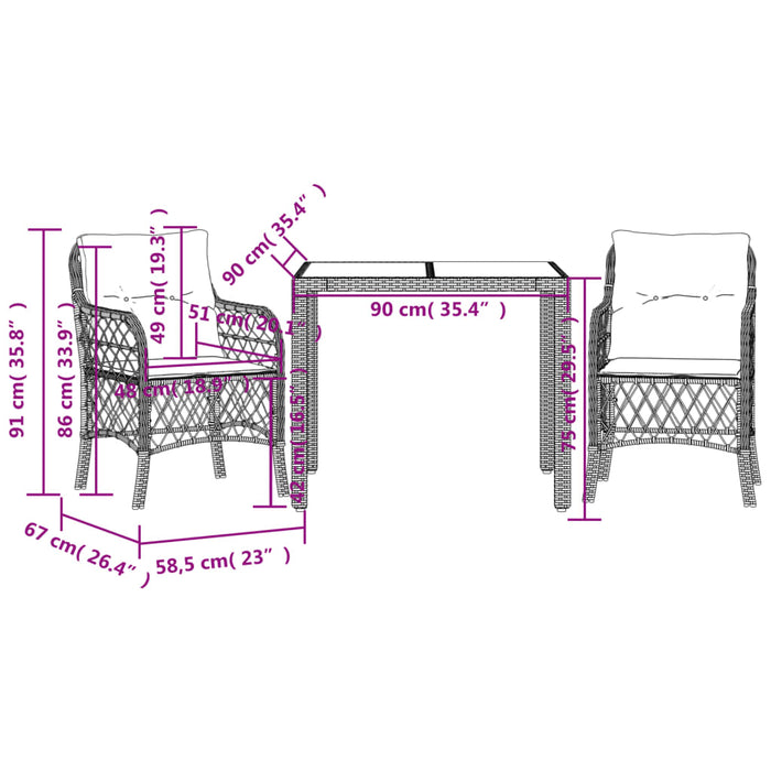 Set bistro cu perne, 3 piese, negru, poliratan - WALTI WALTI