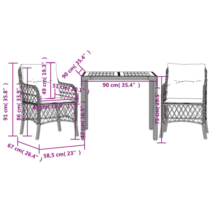 Set bistro cu perne, 3 piese, negru, poliratan - WALTI WALTI