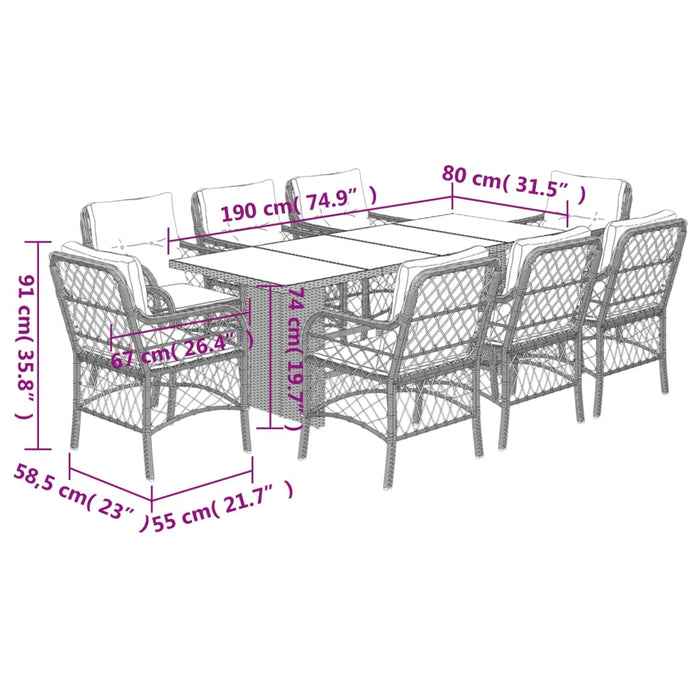 Set mobilier de grădină cu perne, 9 piese, maro, poliratan WALTI