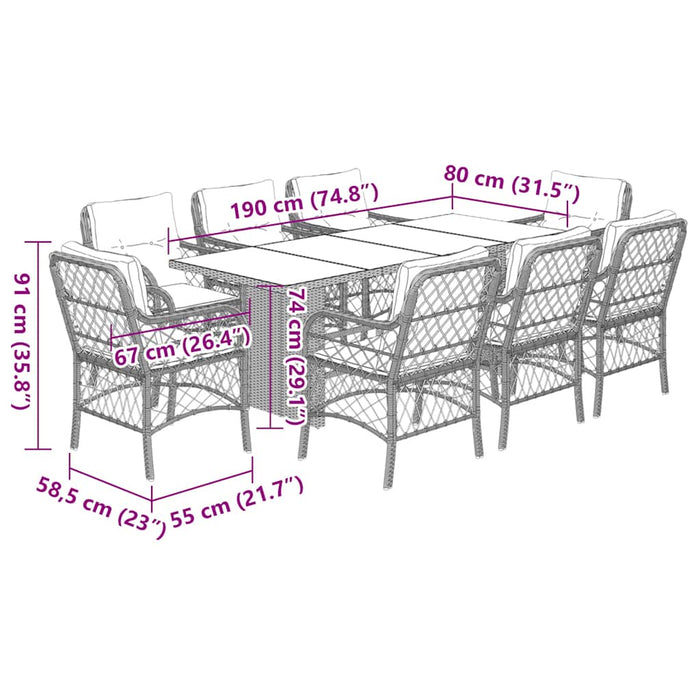 Set mobilier grădină cu perne, 9 piese, gri, poliratan WALTI