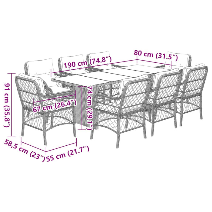 Set mobilier grădină cu perne, 9 piese, gri deschis, poliratan WALTI