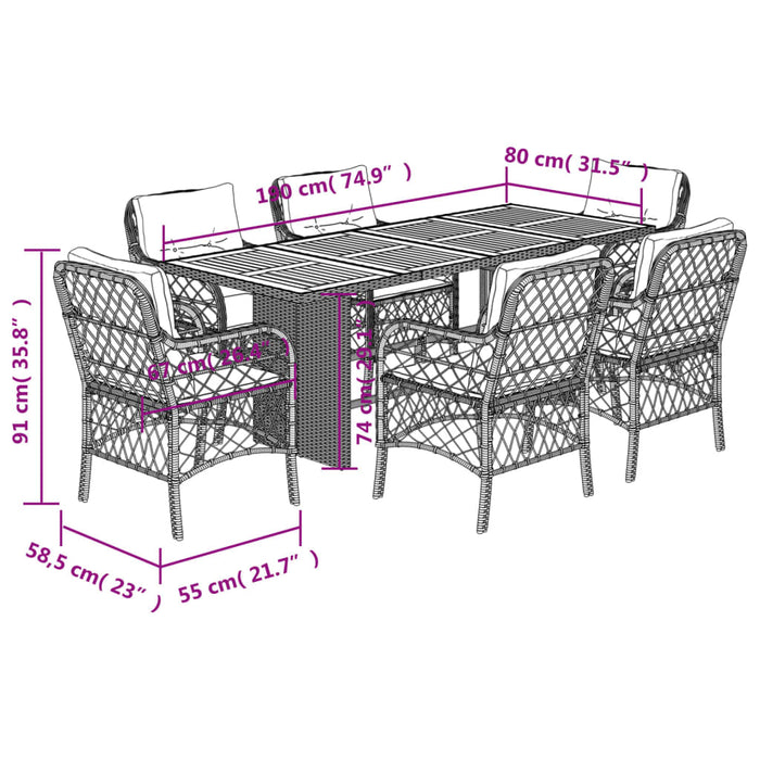 Set mobilier de grădină cu perne, 7 piese, gri, poliratan WALTI