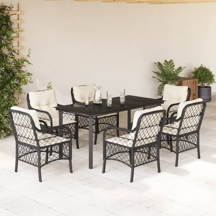 Set mobilier de grădină cu perne, 7 piese, negru, poliratan WALTI