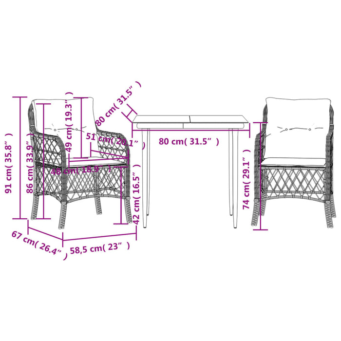 Set bistro cu perne, 3 piese, negru, poliratan - WALTI WALTI