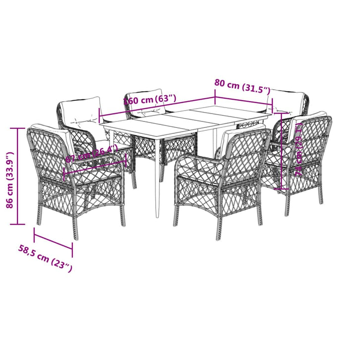 Set mobilier de grădină cu perne, 7 piese, negru, poliratan WALTI