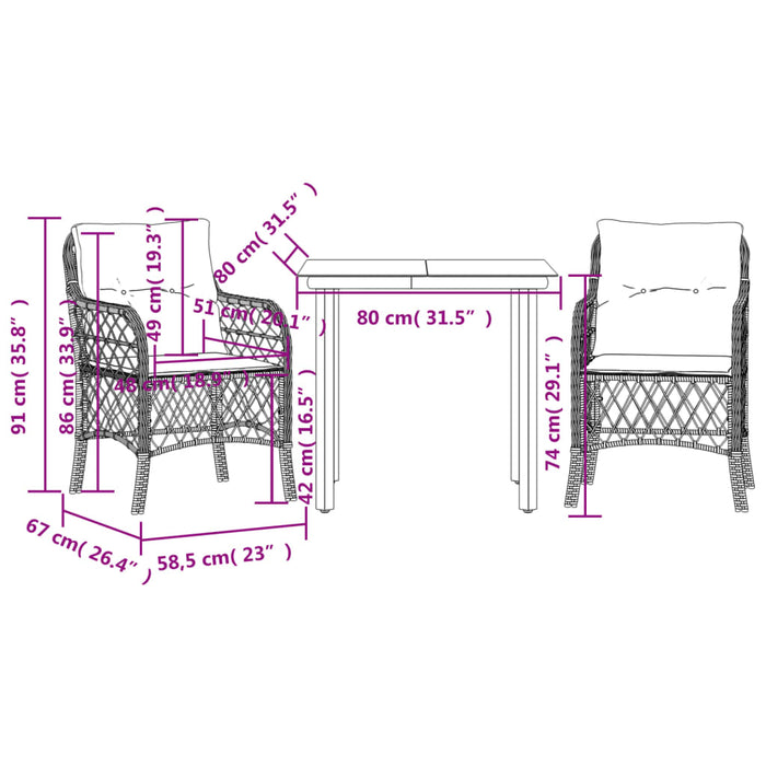 Set bistro cu perne, 3 piese, negru, poliratan - WALTI WALTI