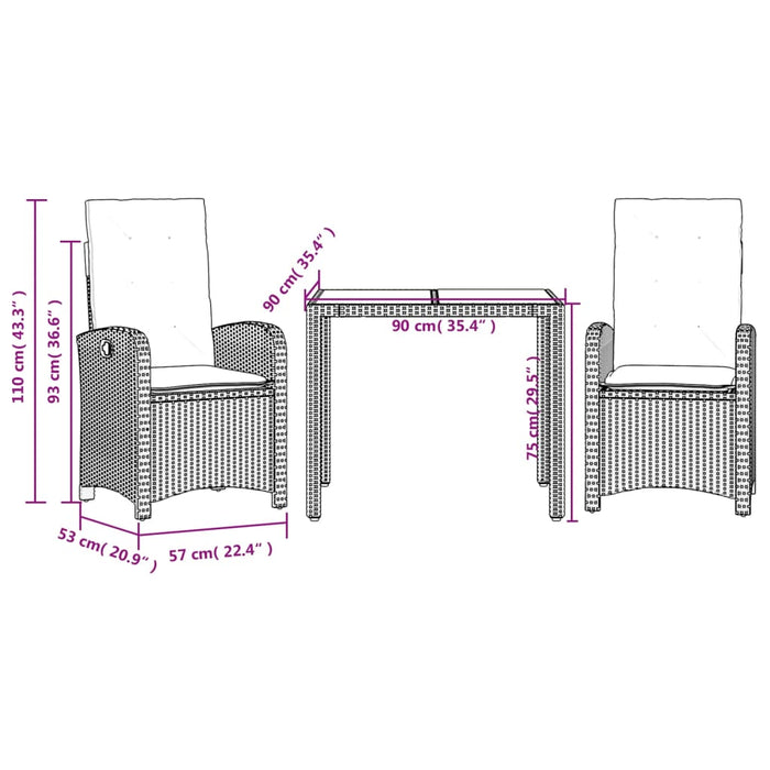 Set mobilier de grădină cu perne, 3 piese, negru, poliratan WALTI