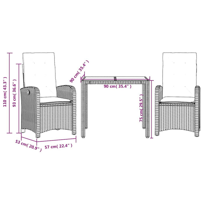 Set mobilier de grădină cu perne, 3 piese, negru, poliratan - WALTI WALTI