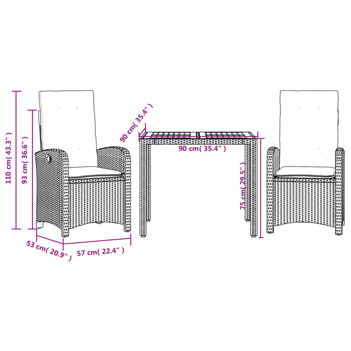 Set mobilier de grădină cu perne, 3 piese, negru, poliratan WALTI