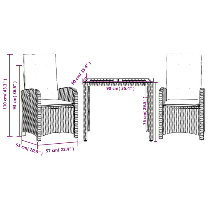 Set mobilier de grădină cu perne, 3 piese, negru, poliratan - WALTI WALTI