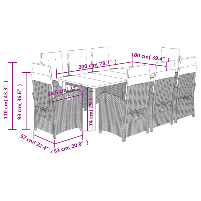 Set mobilier de grădină cu perne, 9 piese, maro, poliratan WALTI
