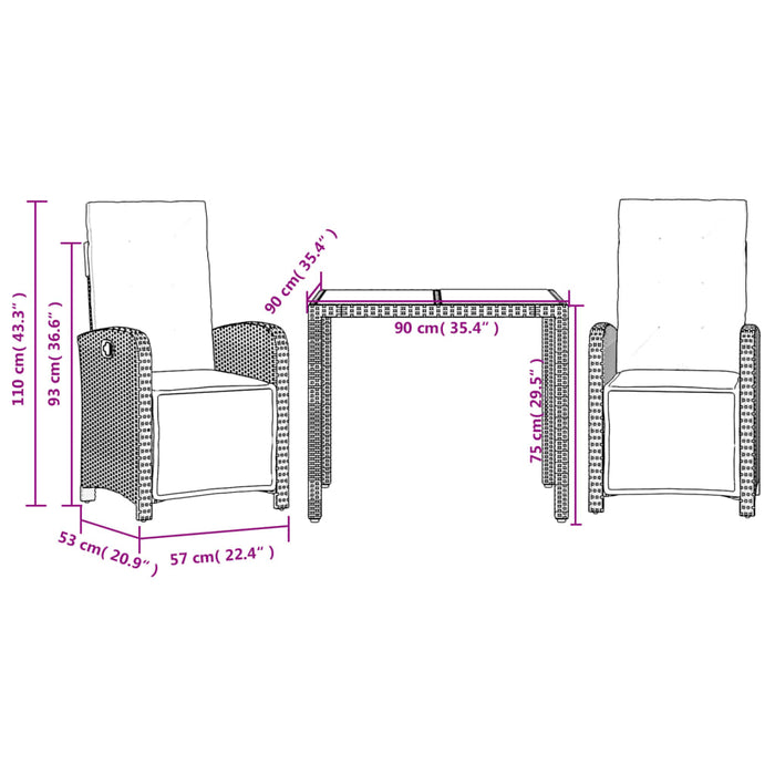 Set bistro cu perne, 3 piese, negru, poliratan - WALTI WALTI