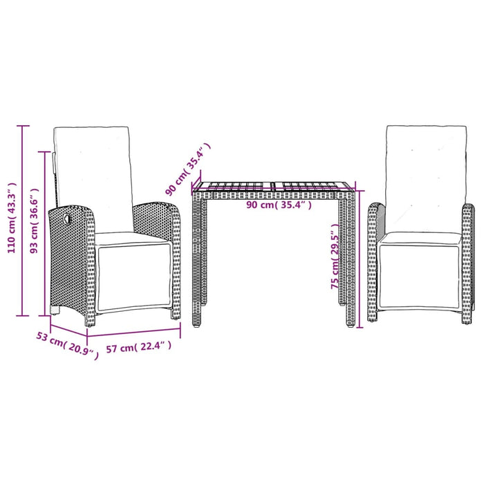 Set bistro cu perne, 3 piese, negru, poliratan - WALTI WALTI