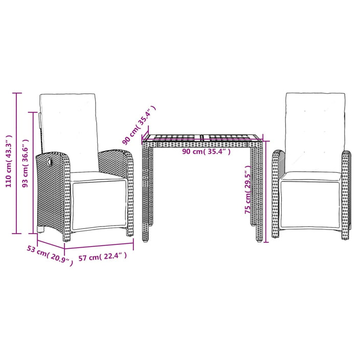 Set bistro cu perne, 3 piese, negru, poliratan - WALTI WALTI
