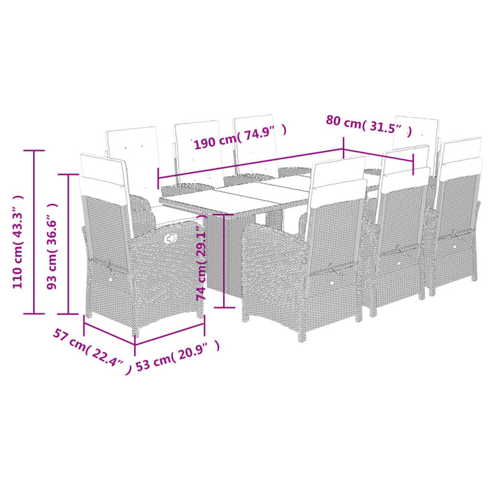 Set mobilier de grădină cu perne, 9 piese, maro, poliratan WALTI
