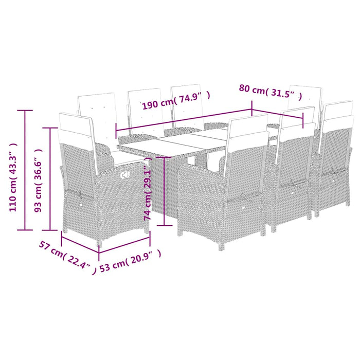 Set de masă pentru grădină, 9 piese, cu perne, bej, poliratan WALTI