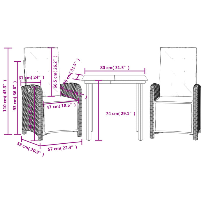 Set bistro de grădină cu perne, 3 piese, gri, poliratan WALTI