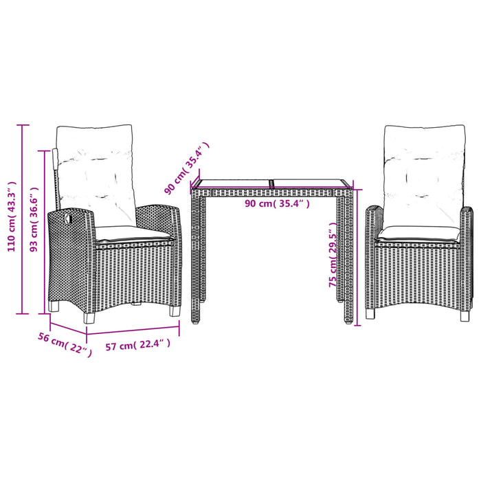 Set mobilier de grădină cu perne, 3 piese, negru, poliratan - WALTI WALTI