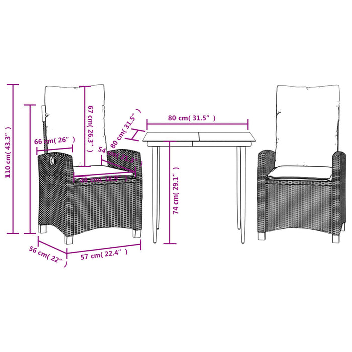 Set mobilier de grădină cu perne, 3 piese, negru, poliratan - WALTI WALTI