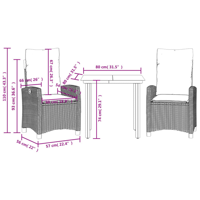 Set mobilier de grădină cu perne, 3 piese, negru, poliratan - WALTI WALTI