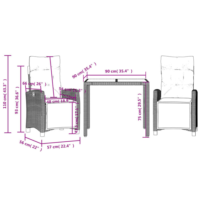 Set mobilier de grădină cu perne, 3 piese, negru, poliratan WALTI