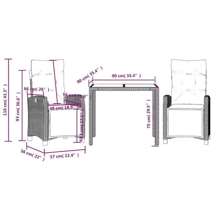 Set mobilier de grădină cu perne, 3 piese, negru, poliratan WALTI