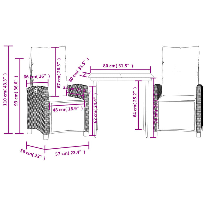 Set mobilier de grădină cu perne, 3 piese, negru, poliratan - WALTI WALTI