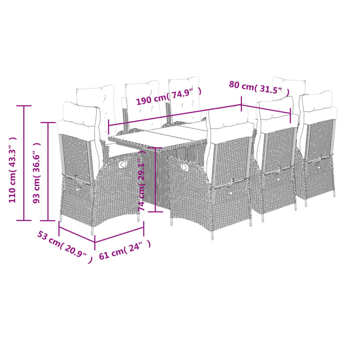 Set mobilier grădină cu perne, 9 piese, gri deschis, poliratan - WALTI WALTI