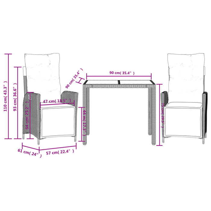 Set mobilier de grădină cu perne, 3 piese, negru, poliratan - WALTI WALTI