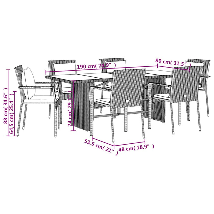 Set mobilier de grădină cu perne, 7 piese, negru, poliratan WALTI