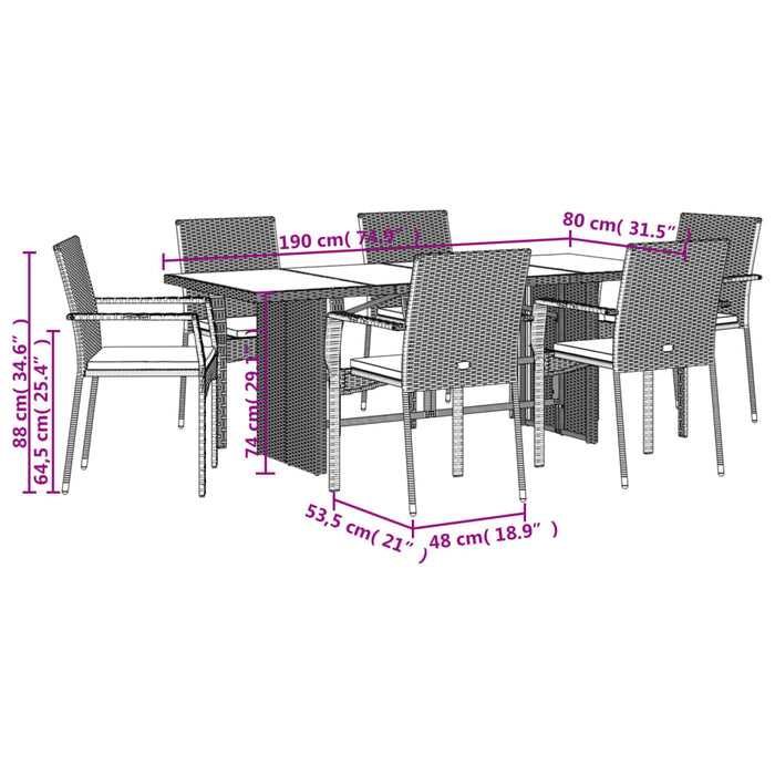 Set mobilier de grădină cu perne, 7 piese, negru, poliratan WALTI