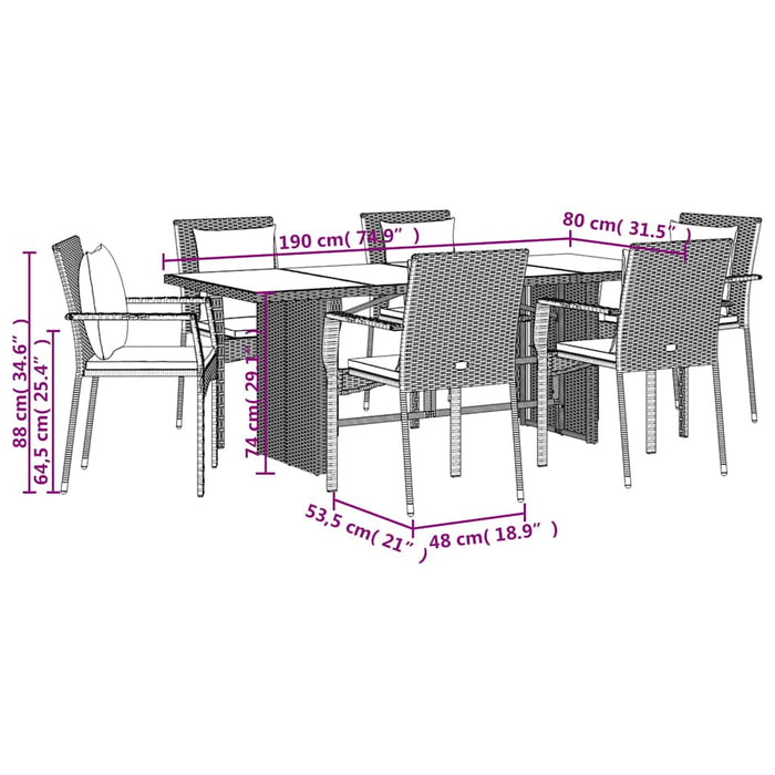 Set mobilier de grădină cu perne, 7 piese, negru, poliratan WALTI